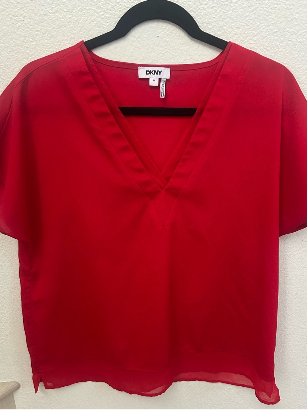 DKNY Bright Red V-Neck Short Sleeve Blouse